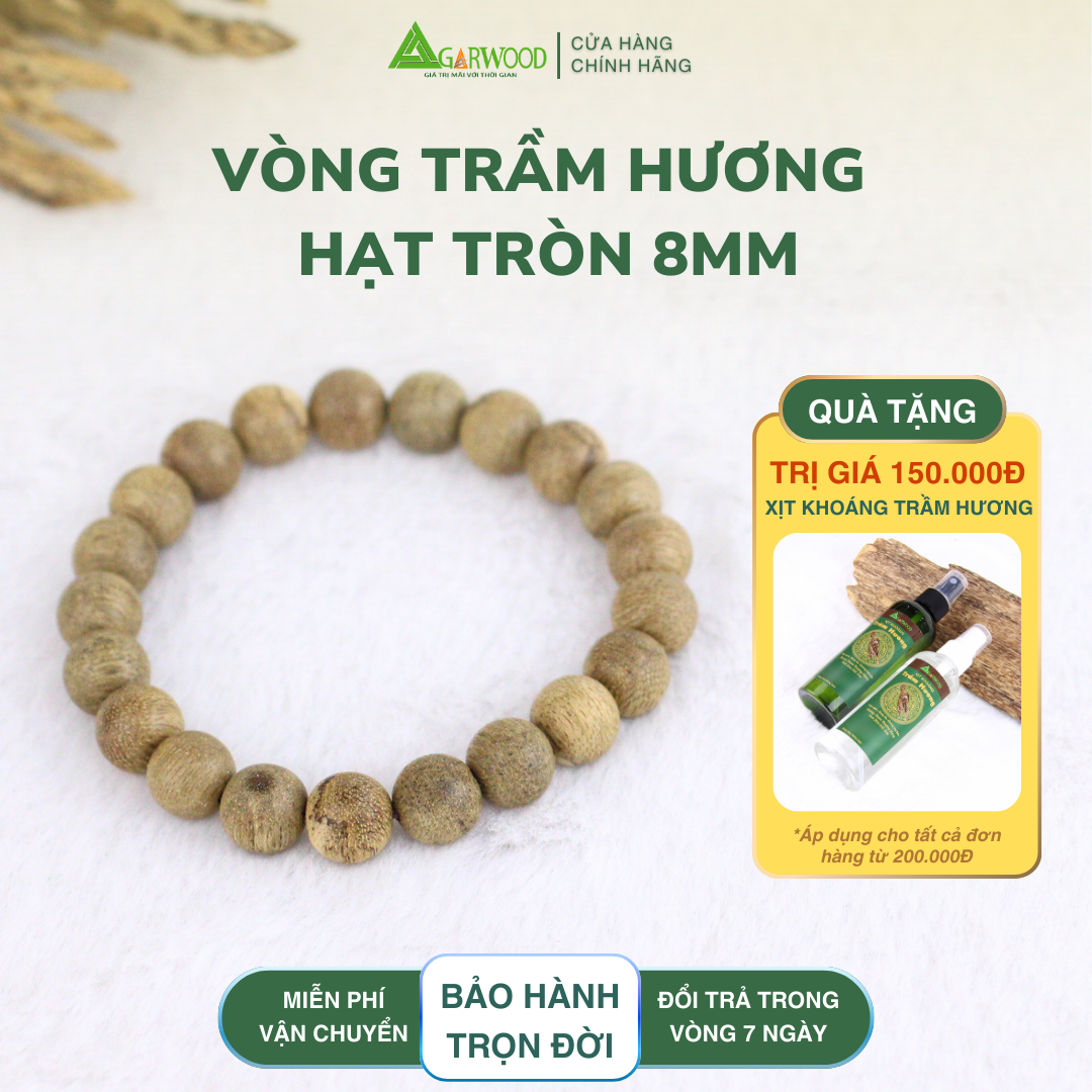 Vòng Tay Trầm Hạt Tròn 8mm Trầm Hương TTT Vân Đẹp Hỗ Trợ Xua Đuổi Tà Khí, Phong Thủy, Bình An, May Mắn
