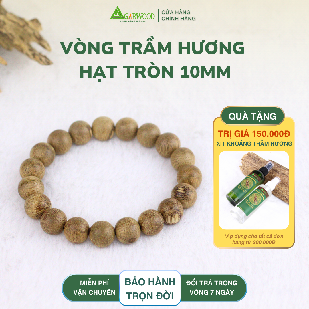 Vòng Tay Trầm Hạt Tròn 10mm Trầm Hương TTT Vân Đẹp Hỗ Trợ Xua Đuổi Tà Khí, Phong Thủy, Bình An, May Mắn