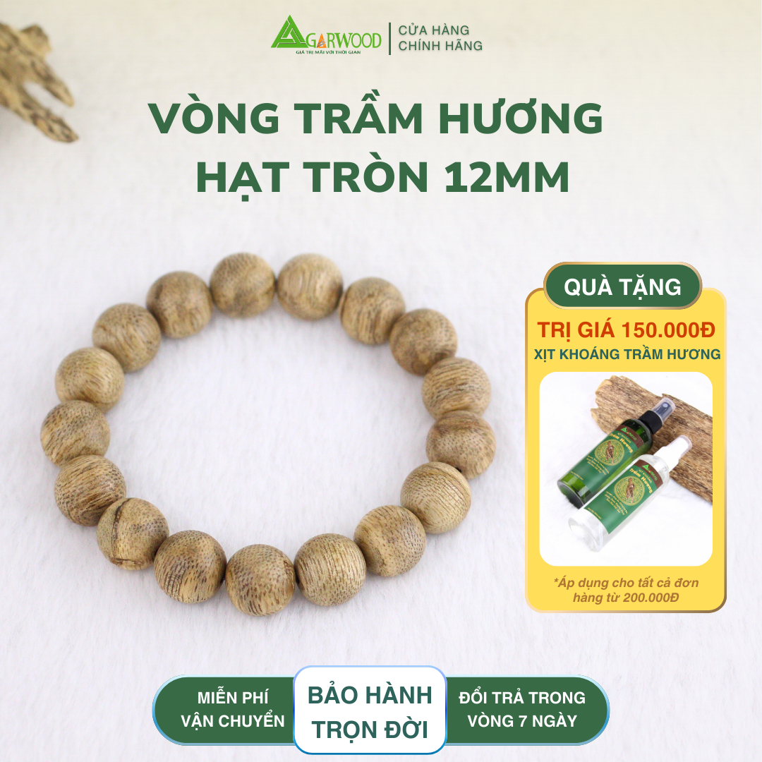 Vòng Tay Trầm Hạt Tròn 12mm Trầm Hương TTT Vân Đẹp Hỗ Trợ Xua Đuổi Tà Khí, Phong Thủy, Bình An, May Mắn