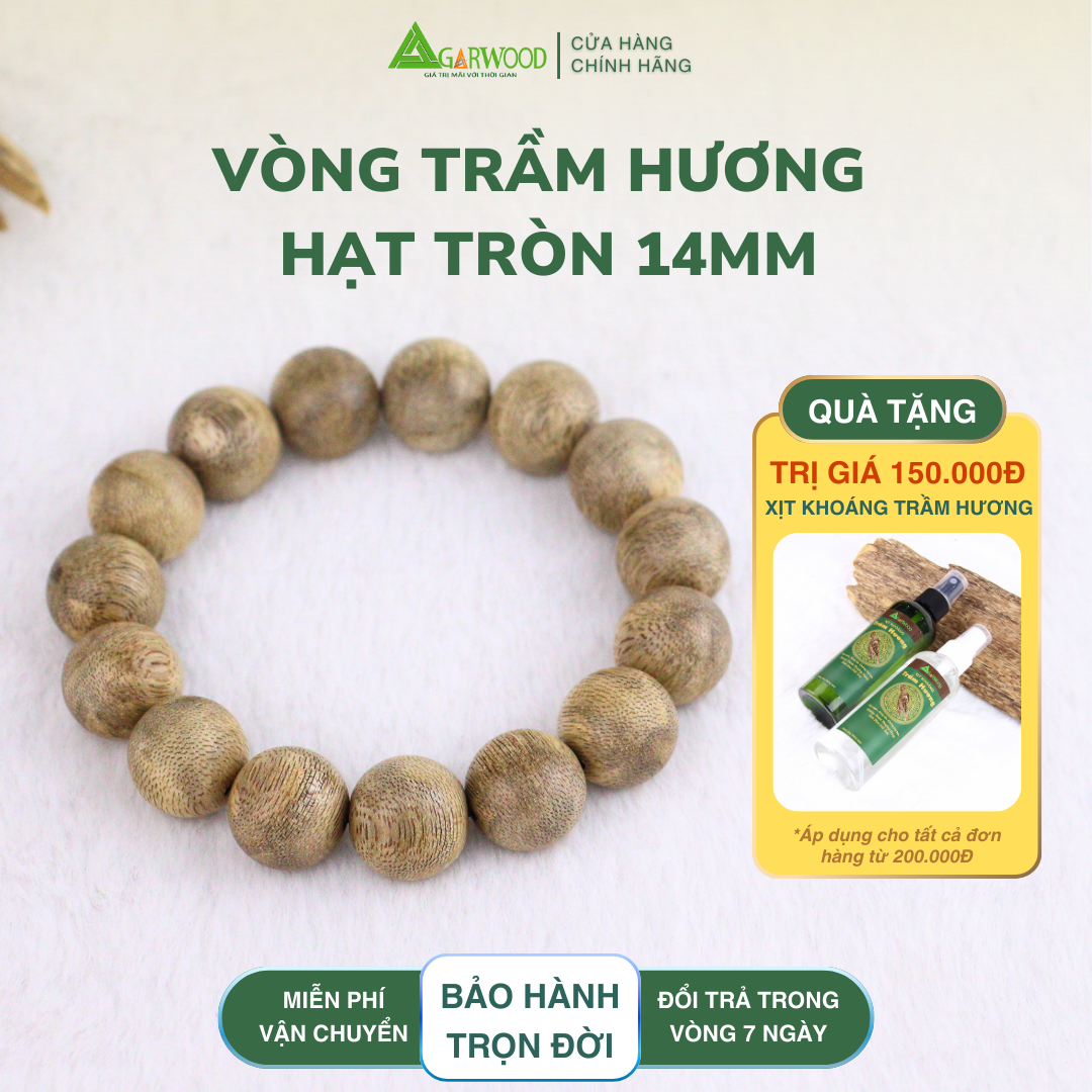 Vòng Tay Trầm Hạt Tròn 14mm Trầm Hương TTT Vân Đẹp Hỗ Trợ Xua Đuổi Tà Khí, Phong Thủy, Bình An, May Mắn