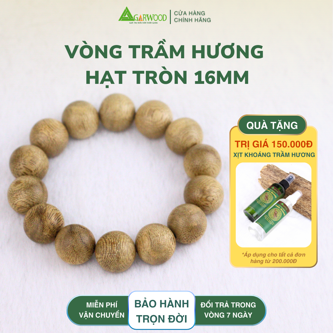Vòng Tay Trầm Hạt Tròn 16mm Trầm Hương TTT Vân Đẹp Hỗ Trợ Xua Đuổi Tà Khí, Phong Thủy, Bình An, May Mắn