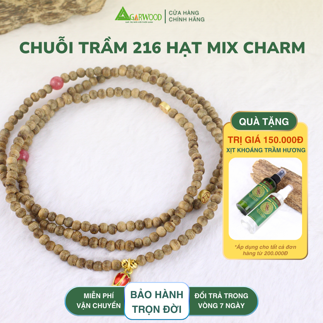 Vòng Trầm Mix Charm 216 Hạt 4mm Trầm Hương TTT Vân Đẹp Hỗ Trợ Xua Đuổi Tà Khí, Phong Thủy, Bình An, May Mắn